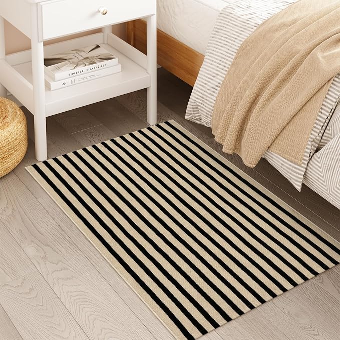 Black and Tan Striped Rugs 2.3'x3.6', Washable Front Door Rug Hand Woven Reversible Outdoor Welcome Mat, Foldable Layered Door Mats for Entryway Porch Decor Home Entrance