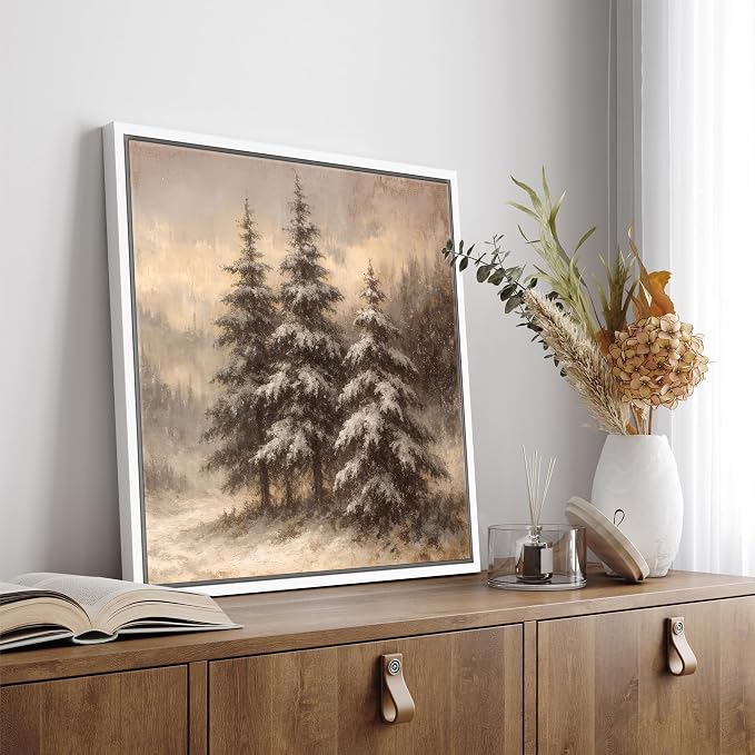SIGNFORD Framed Canvas Print Wall Art Snow Covered Pine Trees Modern Art Relax/Calm Warm for Living Room, Bedroom, Office - 16"x16" WHITE