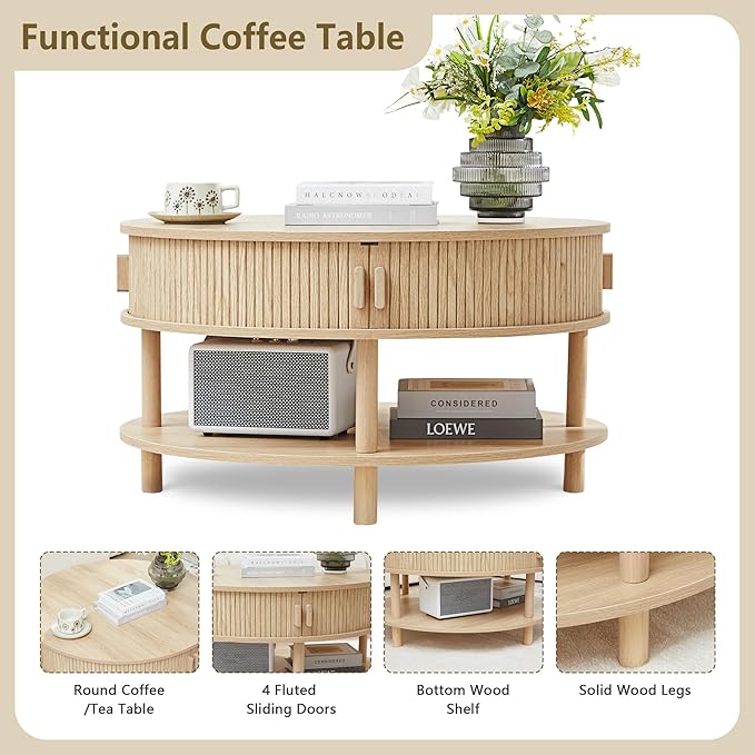 XUZENEST 31.5” Round Coffee Table with Storage, Mid Century Modern 2 Tier Coffee Table with Tambour Sliding Door, Solid Wood Legs Fluted Center Table for Living Room Home Office Small Space, Natural