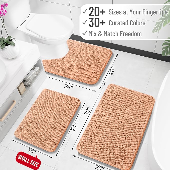 OLANLY Toilet Rugs U-Shaped 20x20, Extra Soft Absorbent Chenille Contour Bathroom Rugs for Toilet, Dry Quickly, Machine Washable, Non-Slip Bath Mat, Peach