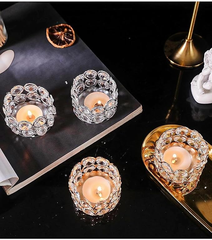 Crystal Tea Light Candle Holders，Gold Candlestick Holders for Home Decor Wedding Party Table Decoration Housewarming Gift (6 pcs)