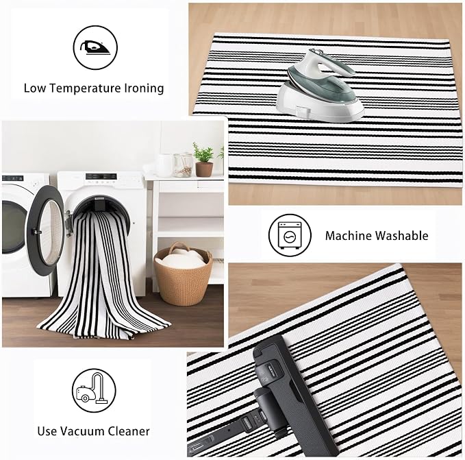 Outdoor Rug Front Door Mat 2'x4.3', Cotton Indoor Doormat Washable Black and White Striped Rug, Foldable Reversible Layered Door Mats for Entryway/Farmhouse/Home Entrance