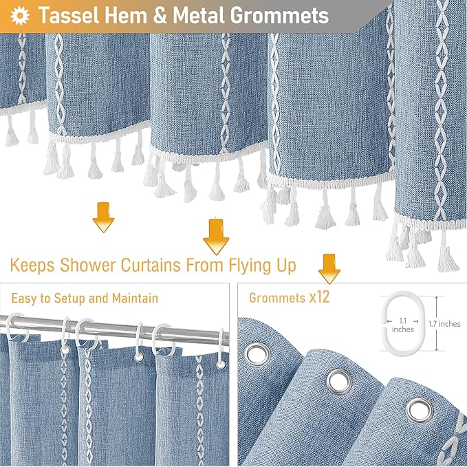 BTTN Extra Long Shower Curtain, 72x84 Inch Long Boho Tassel Linen Fabric Thick Shower Curtain Set with Plastic Hooks, Large Modern Farmhouse Country Decorative Cloth Shower Curtain for Bathroom, Blue
