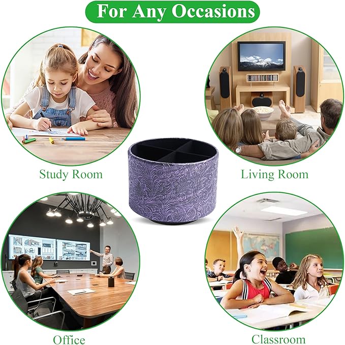 lizimandu Round Leather Art Supply Organizer,Remote Control Holder,360 Degree Spinning,Multi-Functional Pencil Holder,4 Compartments Desktop Stationary Organizer(1-Carved Metal Purple)