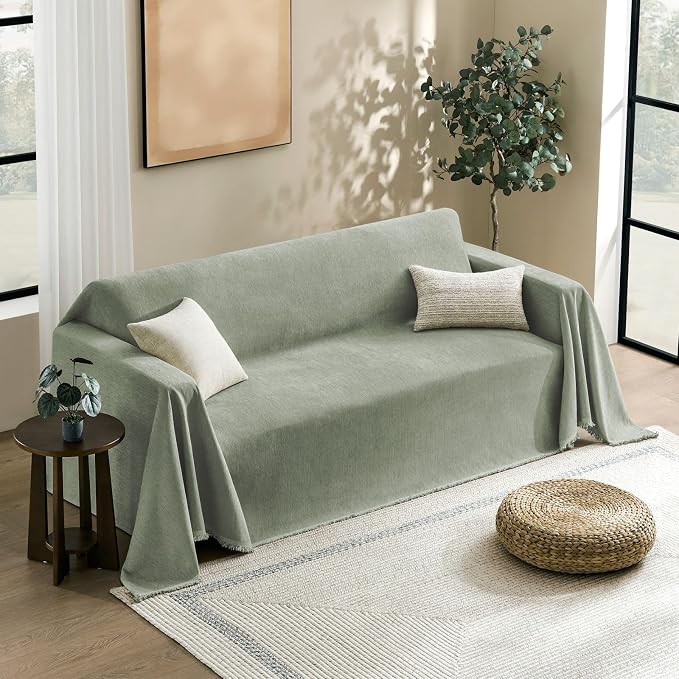 Couch Cover for Dogs Sectional Sofa Covers Washable for 2 Cushion Couch, Chenille Couch Cover Blanket, Sectional Sofa Slipcovers, Multi-Use Furniture Protector for Kids, Pets, 91" X134", Sagegreen