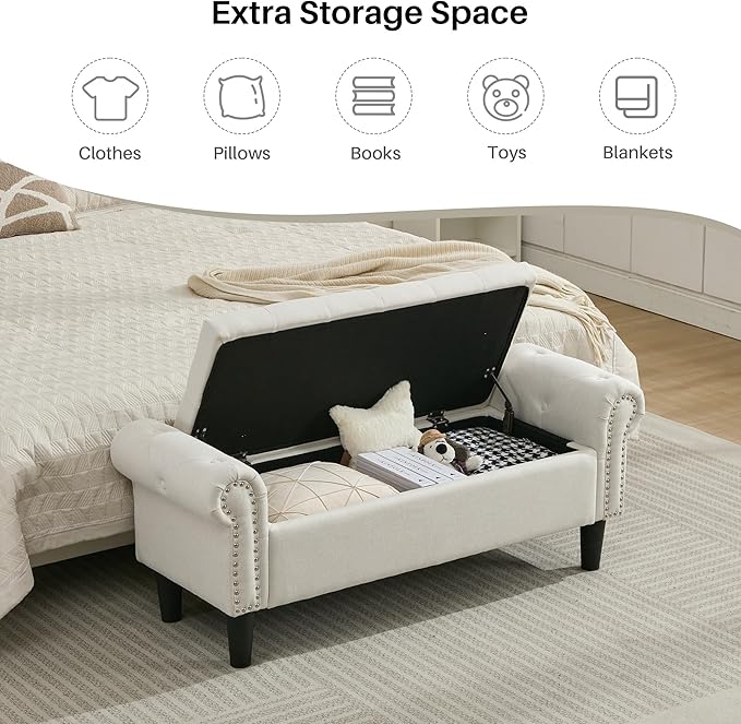 SOFTHION Storage Bench, 50" Queen End of Bed Bench, Linen Tufted Button Upholstered Bedroom Bench, Storage Ottoman with Rolled Arms, Window Bench with Storage, for Living Room, Entryway Beige