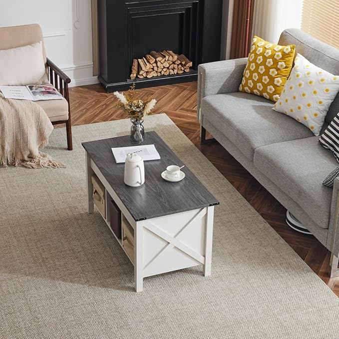 VINGLI Farmhouse Lift Top Coffee Table, Rustic Grey with Storage Shelf/Hidden Compartment, Mesa De Centro para Sala, Rustic Brown (White Charcoal, 40" L)