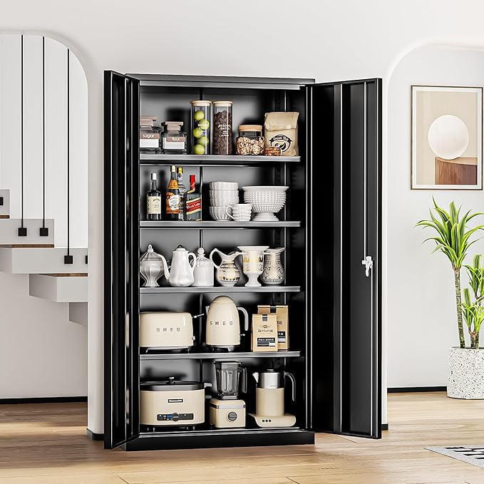 INTERGREAT Black Metal Storage Cabinet Doors, 72" Locking Steel Storage Cabinet with Shelves, Tall Metal Cabinet Lockable Steel Cabinets for Home Office, Garage