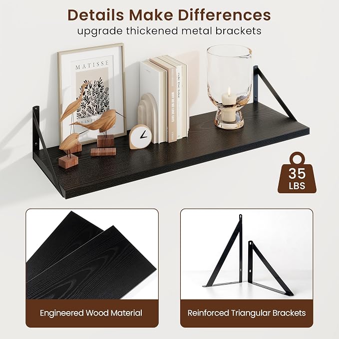 Axeman 30 Inch Floating Shelves | 10 Inch Deep Black Wall Shelves Set of 2 | 30" W x 10" D Black Wood Floating Shelves for Living Room Bathroom Kitchen