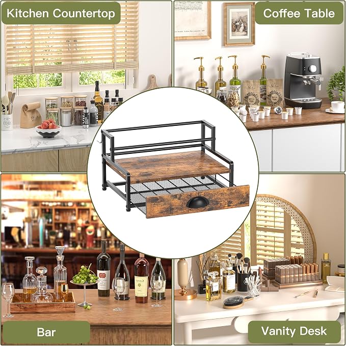 Coffee Syrup Rack Organizer, 2 Tier Countertop Storage Shelves with 35 K Cup Drawer, 8 Syrup Bottle Stand Holder for Wine, Kitchen Coffee Station Organizer Rack, Rustic Brown