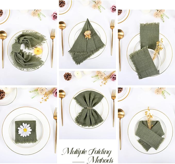 36 Pack Olive Green Handmade Cloth Napkins 16 x 16 Inch Cotton Linen Napkins with Fringe, Washable and Reusable Napkins, Soft Rustic Boho Fringe Cloth Napkins for Dinners, Parties, Wedding
