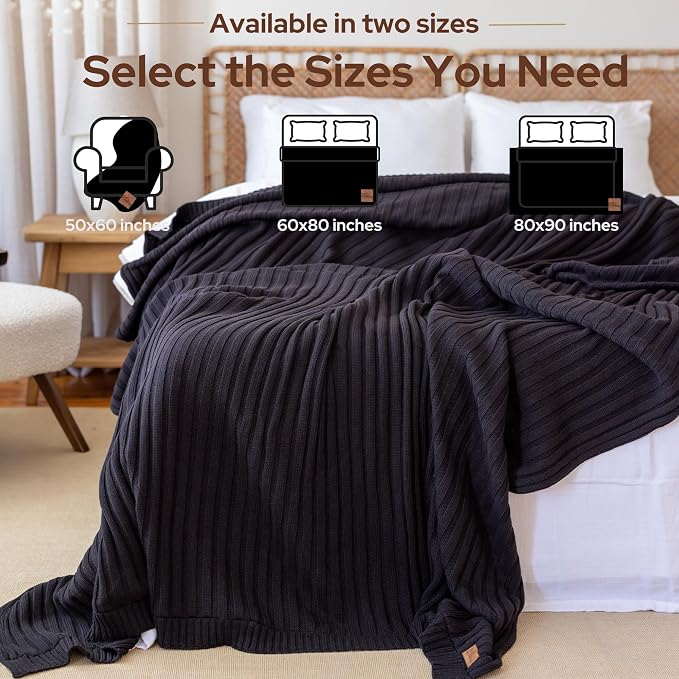100% Organic Cotton Knit Blanket Denise -Soft and Lightweight, Breathable All-Season Throw for Bed, Sofa, or Lounge Area -GOTS Certified-Perfect for Home and Bedroom Styling (Black, 50x60)