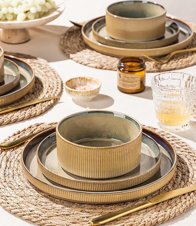 GBHOME Stoneware Dinnerware Sets for 4, 12 Pieces Ceramic Ribbed Plates and Bowls Set, Reactive Glaze Stackable Plate Sets, Scratch Resistant Dishes, Microwave & Dishwasher Safe, Pale Khaki