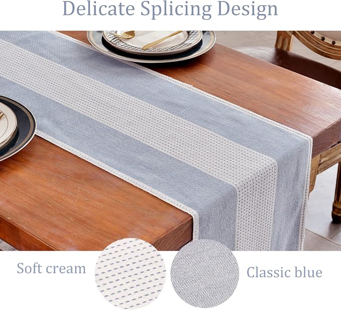 Wracra Linen Table Runner, Farmhouse Macrame Table Runners 108 Inches Long for Dining Table Decor, Wedding, Party and Dresser Decor (Blue,108")