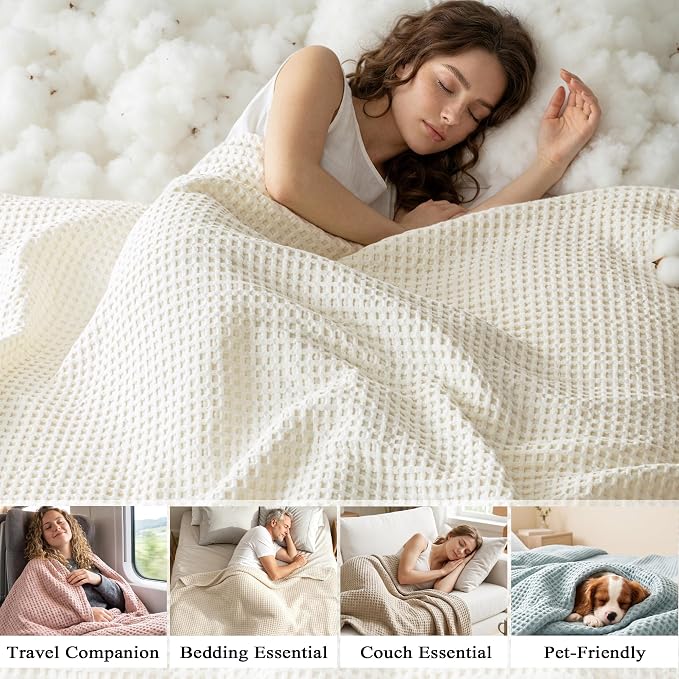 Exclusivo Mezcla Pre-Washed 100% Cotton Waffle Blanket King Size for Bed, 330GSM Lightweight Breathable Summer Blankets, Soft and Cozy, Home Decor, Ivory, 104x90 Inches