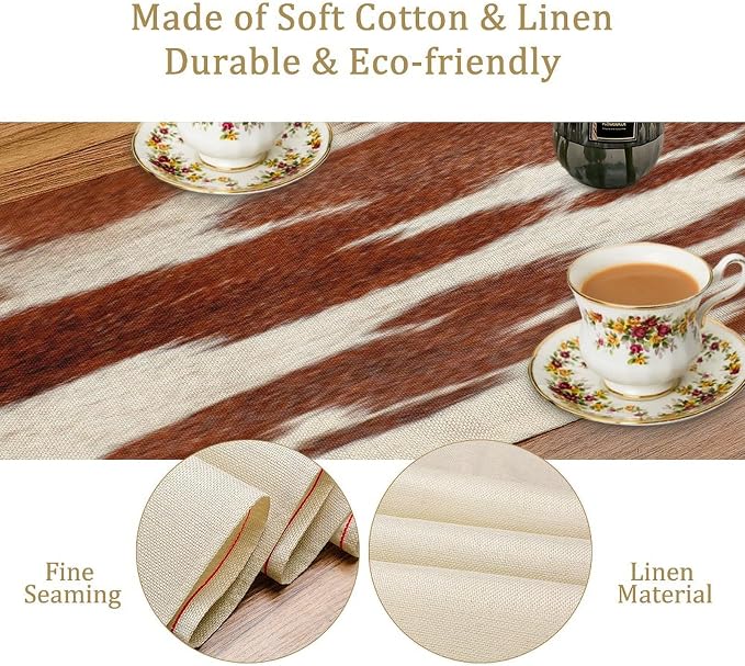 Cow Print Table Runner, Rustic Country Farmhouse Animal Fur Skin Western Farm Brown Cowhide Print Dinner Runner for Home Kitchen Dining Table Decoration 13x60 Inch