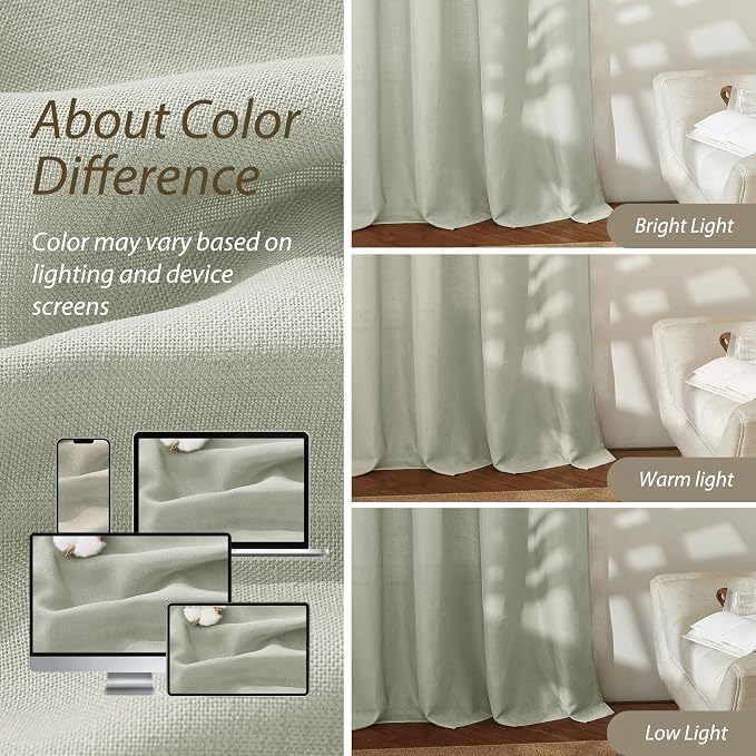 RYB HOME Linen Sheer Curtains 2 Panels for Living Room, Semi Transparent Privacy Drapes with Rod Pocket Farmhouse Style Window Treatments for Bedroom, Sage Green, 52" W x 84" L