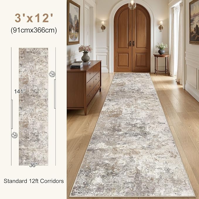 UERMEI 3x12 Washable Runner Rug for Hallway, Non Slip Low Pile Kitchen Carpet, Neutral Modern Abstract Indoor Floor Mat for Entryway Laundry, Kid & Pet Safe High Traffic Area, Brown Grey