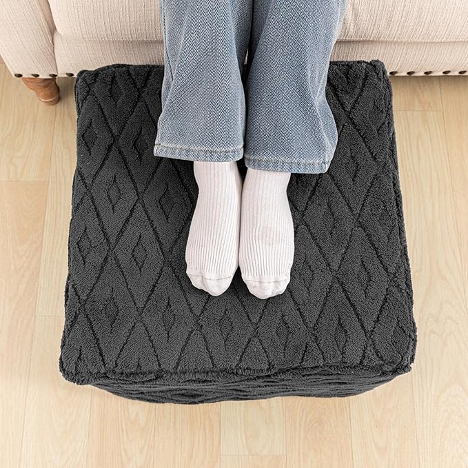 Fluffy Square Ottoman Pouf with All-in-One Foam Filling 20 x 14 Inches Furry Ottoman Foot Rest Foot Stool for Living Room or Bedroom (Gray)