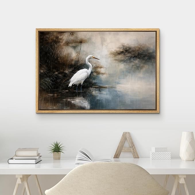 MUDECOR Framed Canvas Print Wall Art White Egret by Misty Waters Nature Landscape Illustrations Minimalism Decorative Bohemian Zen for Living Room, Bedroom, Office - 16"x24" NATURAL