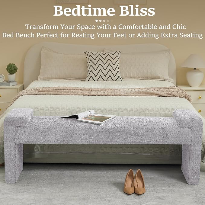 WUTUTUEE 58.7" End of Bed Bench Upholstered Modern Bedroom Bench for Living Room & Entryway, Easy Assembly, Footrest Ottoman Accent Window Bench with Solid Wood Frame & Curved Arm, Grey
