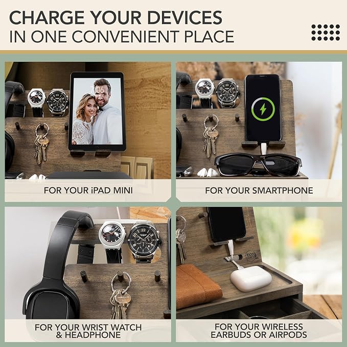 Nightstand Organizer for Men- Phone Docking Station with Drawer for Cellphone, Watches, Sunglasses & Accessories- Makes an Ideal Gift for Dad or Son (Rustic)