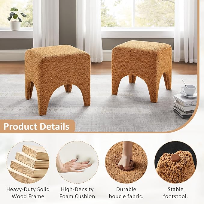 17" Boucle Modern Square Foot Stool Ottoman, Vanity Stool for Makeup, Rectangle Foot Rest for Couch, Upholstered Ottoman Stool for Living Room, Bedroom, Entryway (2, Curry)