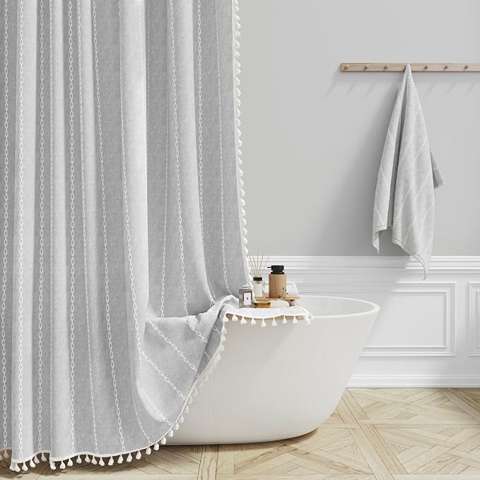 BTTN Stall Shower Curtain - 60x84 Long Boho Farmhouse Linen Fabric Tassel Shower Curtain Set with 10 Plastic Hooks, Narrow Bohemian Country Chic Decorative Cloth Shower Curtains for Bathroom - Grey