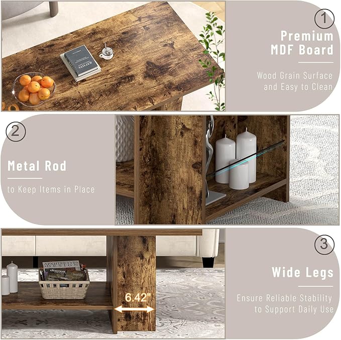 FOLUBAN Rustic Brown Coffee Table for Living Room, 2 Tier Low Center Table with Storage, Rectangle Cocktail Tea Table with Bottom Shelf & Side Shelves, 47 Inch