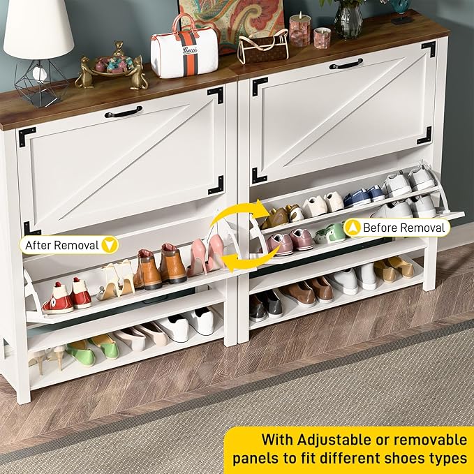 Halitaa Shoe Cabinet with 2 Flip Drawers, 5 Tier Farmhouse Shoe Storage Cabinet for Entryway, Narrow Slim Shoe Cabinet, Rustic White Freestanding Hidden Wooden Shoe Rack Cabinets