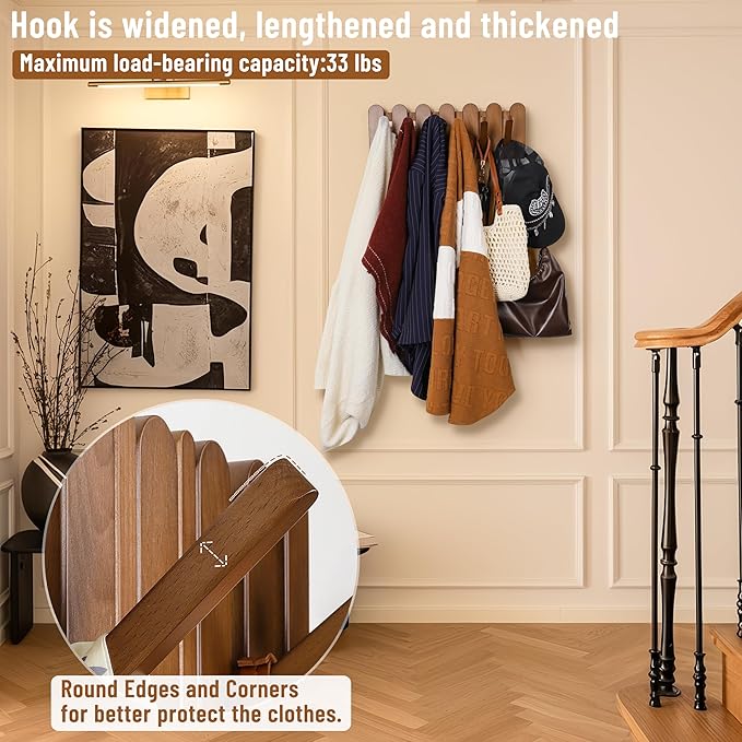 Wall Coat Rack for Entryway: Wooden Modern Heavy Duty 6 Hooks Retractable Wall Mounted for Small Spaces Hallway Bathroom Bedroom for Hanging Jacket Towel Backpack Bag