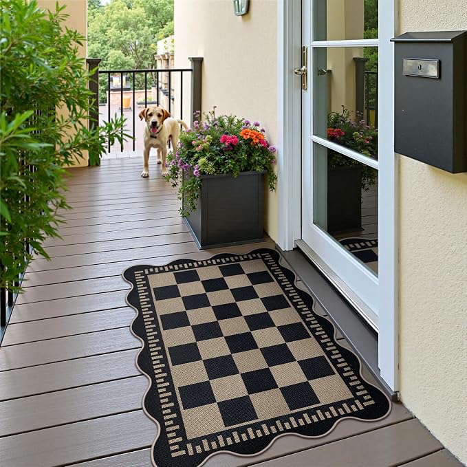 Checkered Easy Jute Front Door Mat, 2.6x4 Washable Entryway Rug Non Slip Small Kitchen Rug, Farmhouse Low Pile Floor Scalloped Rugs for Doorway Porch Bathroom
