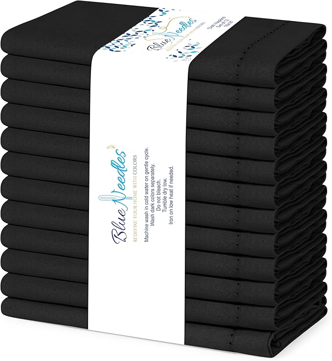 Blue Needles Set of 12 Hemstitch Linen Napkins 100% Cotton Black Cloth Dinner Napkins 18x18 inches, Soft, Reusable, Absorbent, Washable, Ideal for Spring Summer Easter Events, Parties & Everyday Use