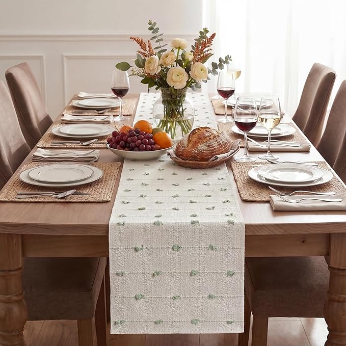 Artoid Mode Sage Green Boho Farmhouse Cotton Woven Table Runner, Seasonal Spring Summer Kitchen Dining Table Decoration for Home Party Decor 12x60 Inch