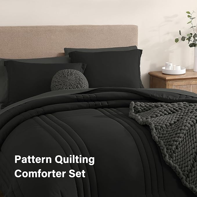 Monbix Oversized King Size Comforter Set - 7 Pieces Black Bed in a Bag Oversized King Bedding Sets with Comforters, All Seasons Comforter Bed Set with Sheets,Pillowcases & Shams