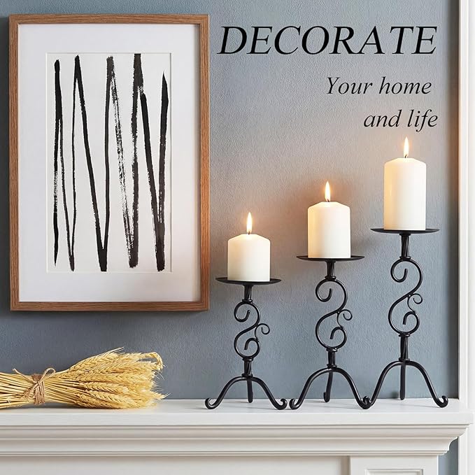 Set of 3 Black Iron Candlestick Holder Metal Vintage Candle Holder 11.8, 9.8, 6.3 Inch Tall Decorative Wrought Iron Pillar Candle Sconce Home Decor Wedding Dinning Party Anniversary(Classic)