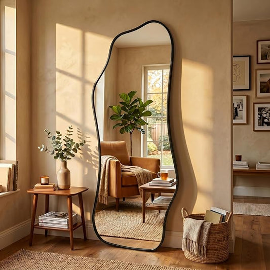 Mirror Full Length - Irregular Full Body Mirror Standing or Leaning or Wall Hanging 62.2"x 22.8" Asymmetrical Aviation Aluminum Alloy Frame Unique for Bedroom, Living Room, Cloakroom, Entryway