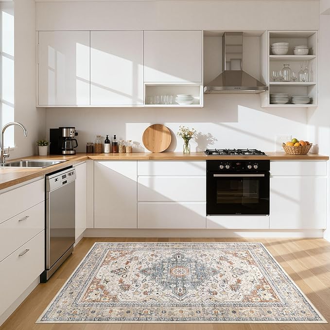 3X5 Rug Washable Area Rugs: Boho Neutral Vintage Soft Rugs Stain Resistant Distressed Farmhouse Non-Slip Indoor Floor Carpet for Entryway Closet Front Door Kitchen Bedroom Bedside Dorm- Beige Blue