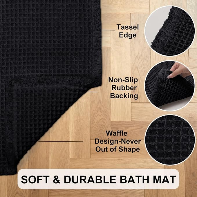 Hiasan Set of 2 Waffle Bath Mat, Super Absorbent Non Slip Bathroom Boho Rug with Tassels, Machine Washable Bath Mats for Bathroom, Ultra Soft Rubber Backed Rug, Black, 20" x 32" + 24" x 60"