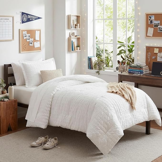 CozyLux Twin Comforter Set with Sheets 5 Pieces, White Seersucker Textured Bed in a Bag for Girls, Luxury Soft Bedding Sets with Down Alternative Comforter, Sheets, Pillowcase & Sham for All Seasons