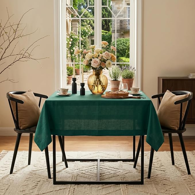 Solino Home Linen Tablecloth 52 x 52 Inch - 100% Pure Linen Rainforest Green Square Tablecloth - Fete, Machine Washable Table Throw