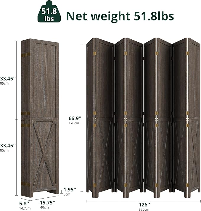 Cozy Castle 8 Panel Folding Room Divider, Solid Wood Privacy Screen, Freestanding Partition Wall, Temporary Wall for Home/Office/Bedroom/Restaurant, Rustic Brown