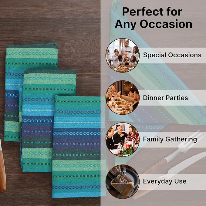 LFH Home Cotton Rich Cloth Salsa Napkin Set of 6 Washable Soft Durable Striped Table Napkins for Dining Wedding, Daily Use Reusable Eco-Friendly Napkins for Elegant Table Settings(18x18)-Teal
