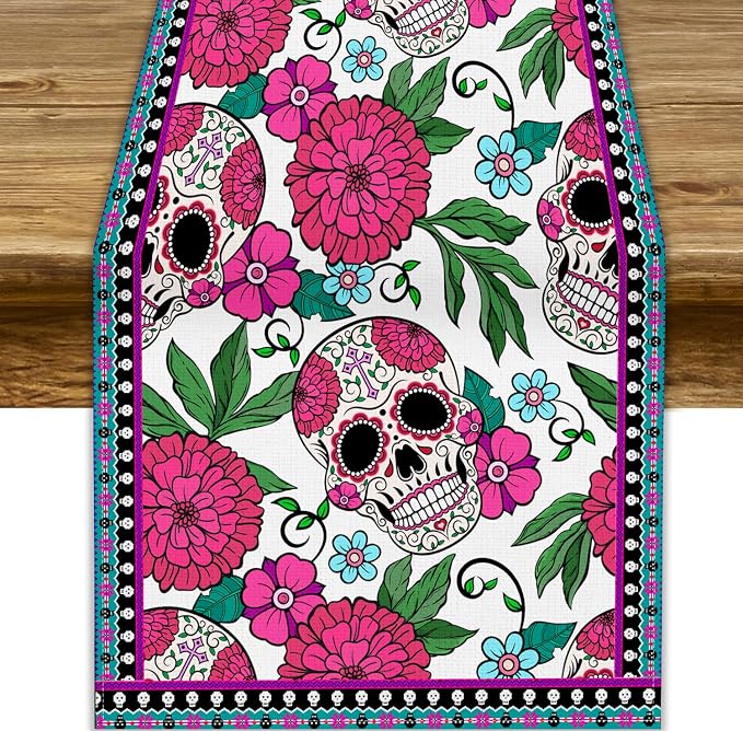 Dia De Los Muertos Table Runner Red Floral Cinco De Mayo Rustic Linen Mexican Sugar Skull Day of The Dead Altar Decoration for Home Kitchen Dining Room, 13x36 Inch White