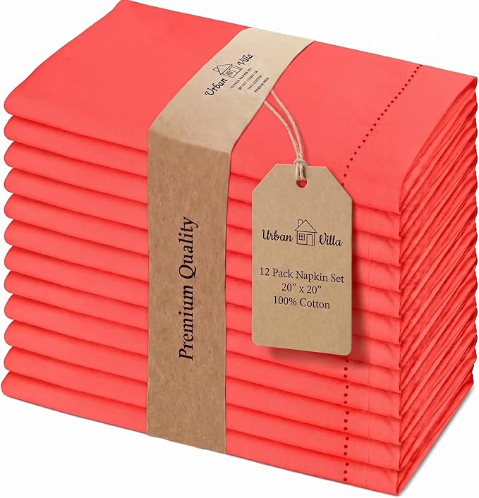 Urban Villa Cloth Napkins 100% Cotton Highly Absorbent Washable Durable Reusable Premium Dinner Napkins Ideal for Gifts for Mothers Day Hotel Farmhouse Parties - Red (20" x 20", Set of 12)