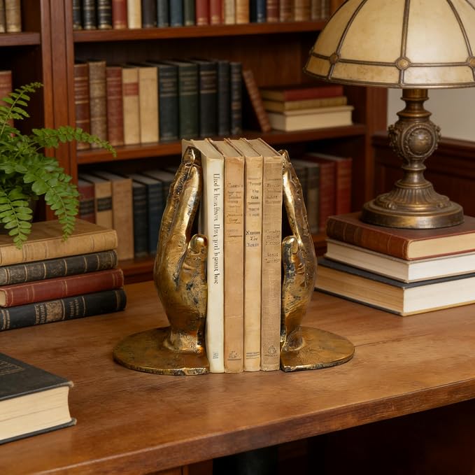 Hand Bookends Decorative, Heavy Duty Cast Iron Book Holder, Prayer Hand Book Ends for Shelves Living Room Home Decor Office, Antique Gold, 1 Pair/2Pieces