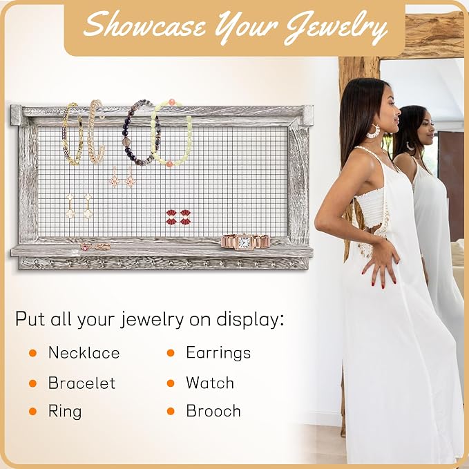Jerry & Maggie Wall Mounted Jewelry Organizer, Wooden Necklace Holder Hanger with Hooks, Wall Jewelry Organizer Wall Mount for Necklace Display (2 Pack)