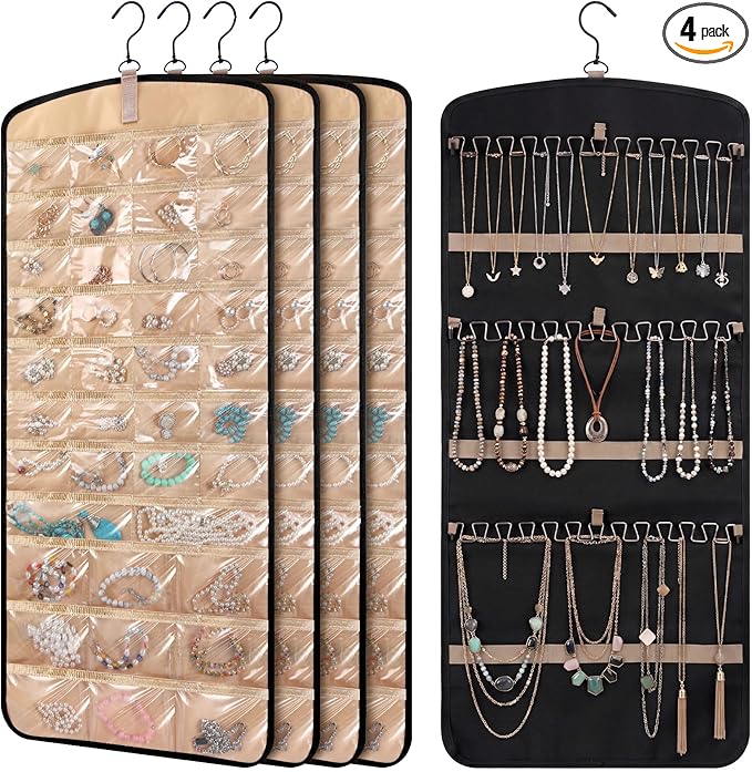 4 Pack Hanging Jewelry Organizer Storage with 39 Pockets, 30 Necklace Hooks Double Sided Wall Mount Earring Holder Organizer Bracelet Necklace Jewelry Display Hanger for Closet Door (Black)