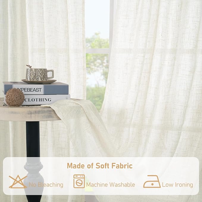 LAMIT Cream Sheer Linen Curtains for Windows 60 Inch Length, Light Filtering Short Drapes Bronze Grommet Neutral Boho Panels for Bedroom/Kitchen, 2 Panels, 34 x 60 Inch
