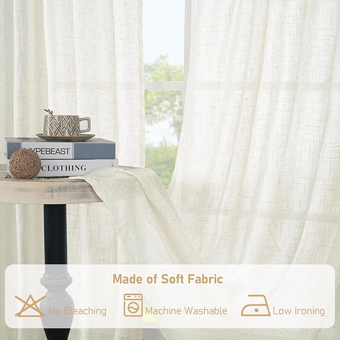 LAMIT Extra Wide Linen Curtains for Bedroom, Cream Light Filtering Faux Linen Textured Panels Semi Sheer Back Tab and Rod Pocket Boho Drapes for Living Room, 2 Panels, 70 x 84 Inch